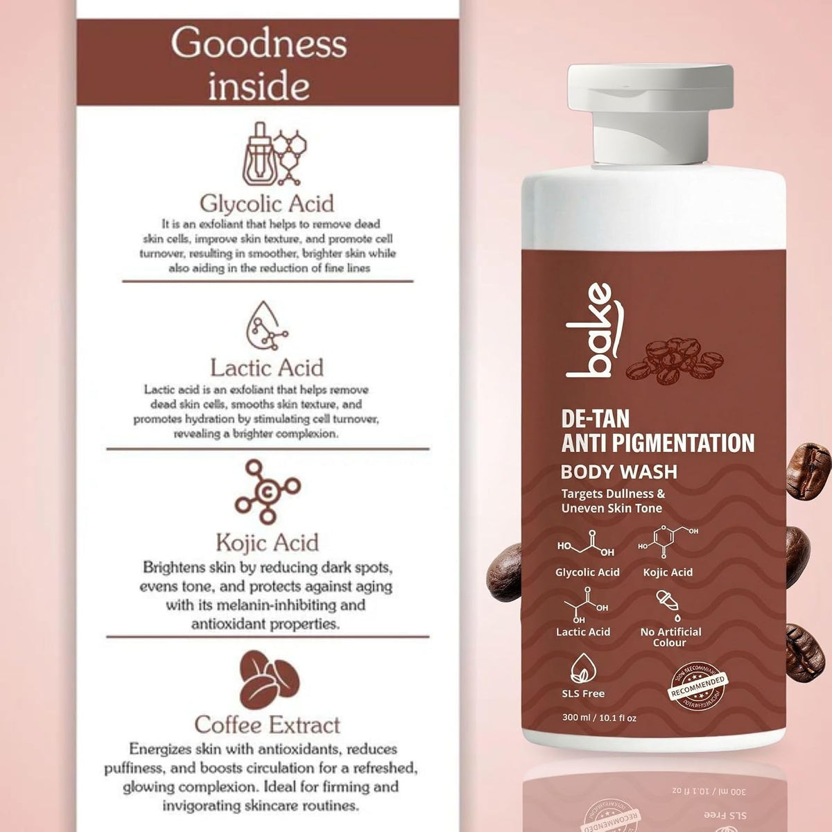 BAKE De-Tan Anti Pigmentation Coffee Body Wash with Kojic Acid, Glycolic Acid, Lactic Acid for Dark Spots, Pigmentation, Tanning & Tan Removal | For Men & Women | 300ml