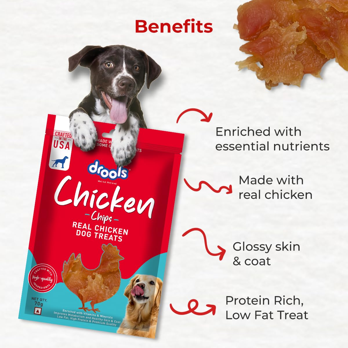 Drools Puppy & Adult Chips, Dog Treats 70g | Real Chicken Flavour | Rich in Protein | No Artificial Preservatives | Best for Training & Bonding