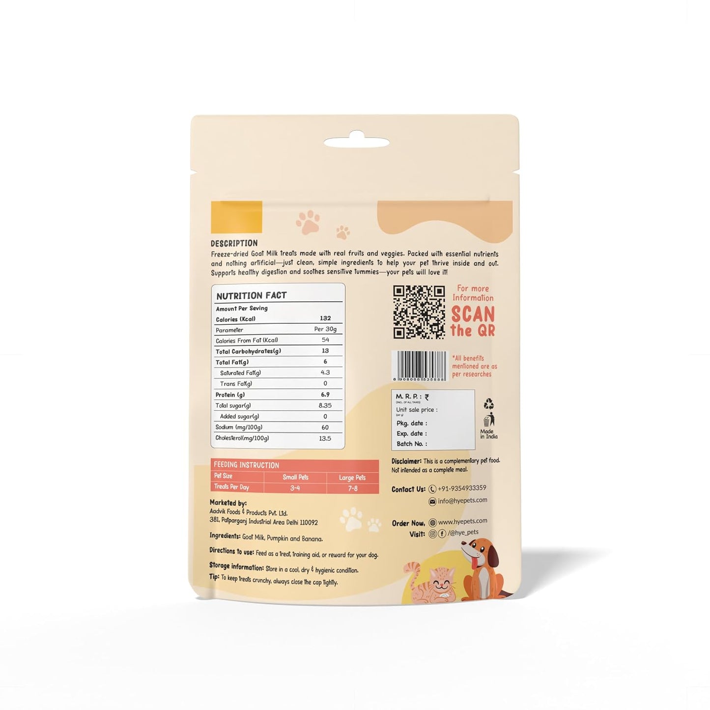 HYE Pets Super Treats for Super Pets – Freeze Dried Treats Made with Goat Milk, Pumpkin & Banana | 30g