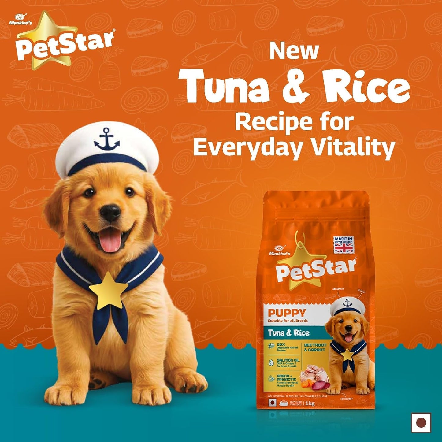Petstar Puppy Dry Dog Food 1 kg, Tuna & Rice Formula, High Protein, Easy Digestion, Immunity Support, No Artificial Flavours or Added Sugar