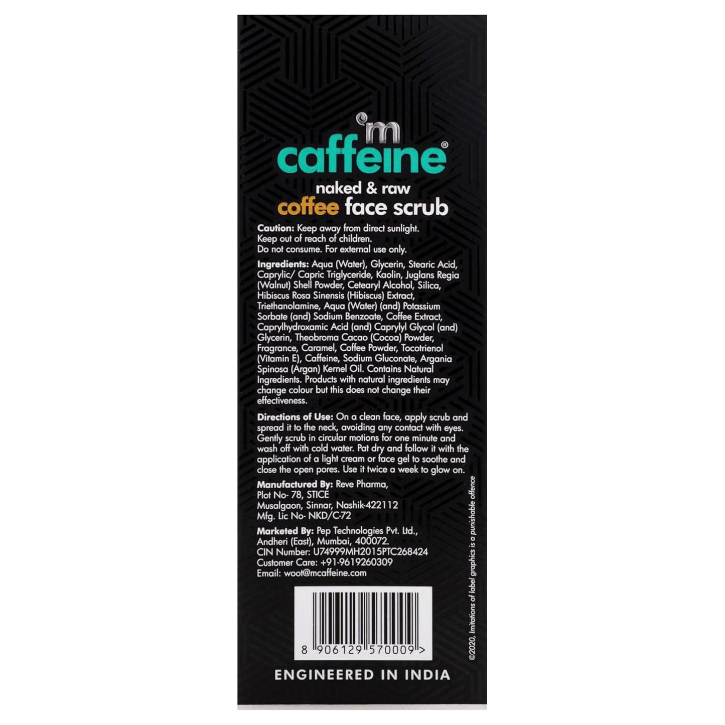 Back of a coffee face scrub packaging with text and branding on a white background