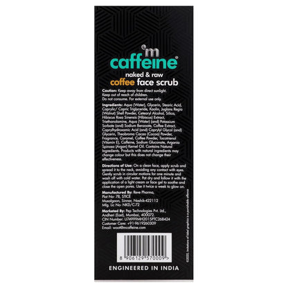 Back of a coffee face scrub packaging with text and branding on a white background