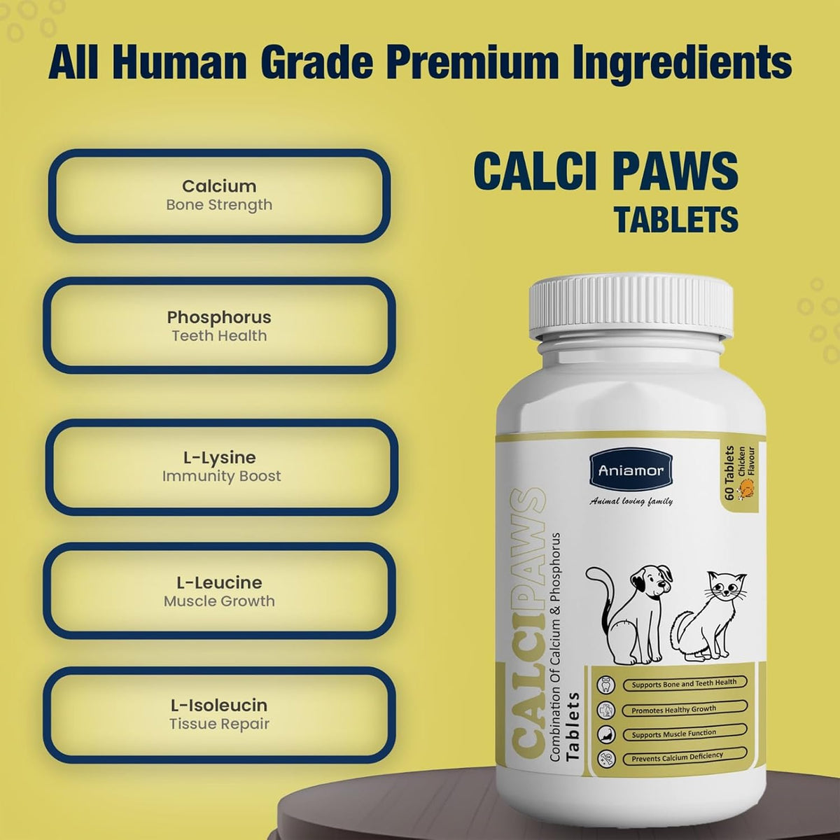 Aniamor CalciPaws Tablet for Dogs and Cats|Calcium Tablets|Pets Supplement|All Life Stage|60 Tablets Bottle