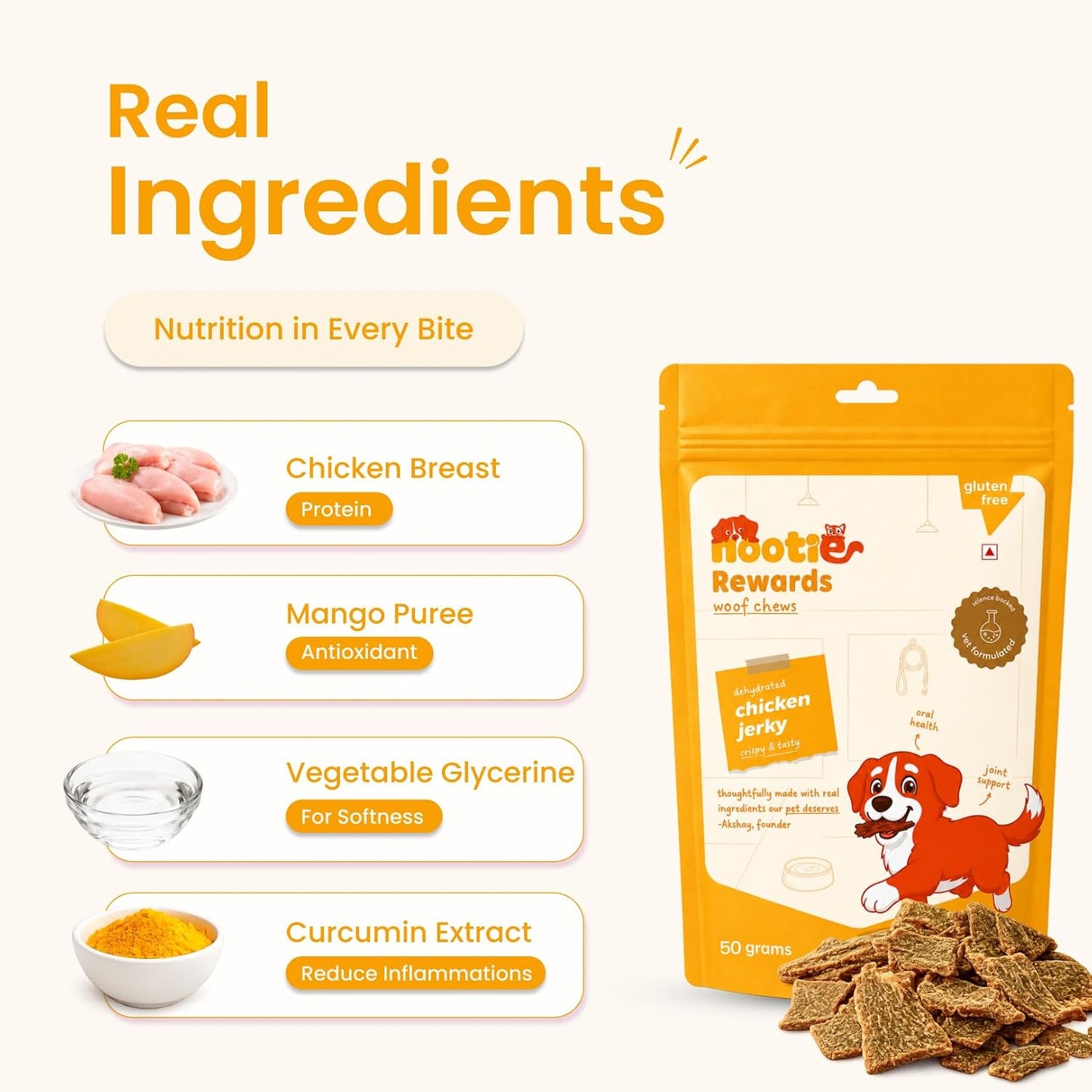 Nootie Happy Chews – Dehydrated Chicken Jerky Mango Dog Treats (50g) | All-Natural, Grain-Free Protein Snack