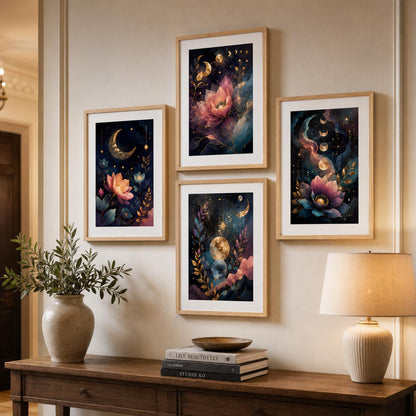 Set of 4 Celestial Moon Lotus Floral Wall Paintings with Sparkle Laminate and Premium Wooden Synthetic Frame for Living Room Bedroom Office Decor (13.5 x 19.5 Inch)