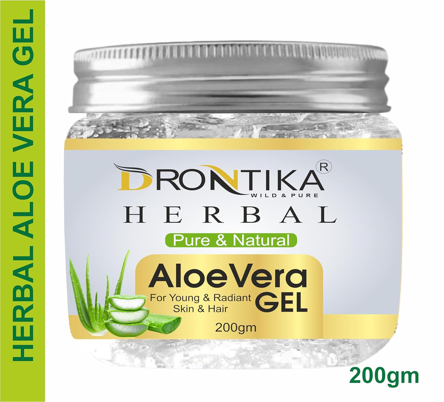 Jar of Drontika Herbal Aloe Vera Gel with a silver lid on a white background