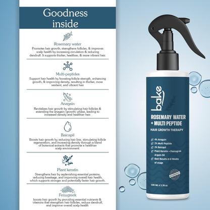 BAKE Rosemary Water Hair Growth Spray with Multi Peptides for Hair Fall Control & Hair Growth | 4% Anagain, 2% Baicapil, Plant Keratin | For Keratin Treated & Damaged Hair | 100ml