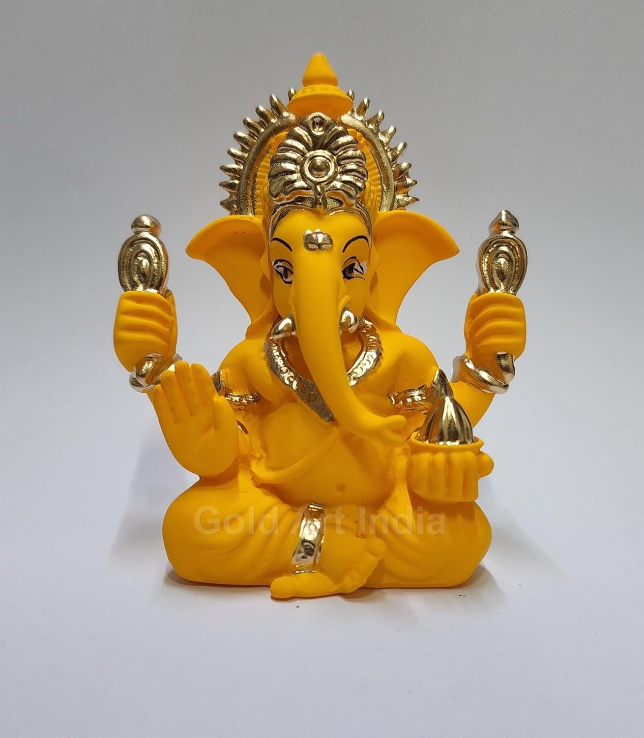 Gold Art India Handcrafted Mango Terracotta Ganesha with Golden Jewelry for Car Dashboard, Home/Office Decor, Gifting/Housewarming Gifts (4HANDGANESHAYELLOWTERRACOTTA 3.3")