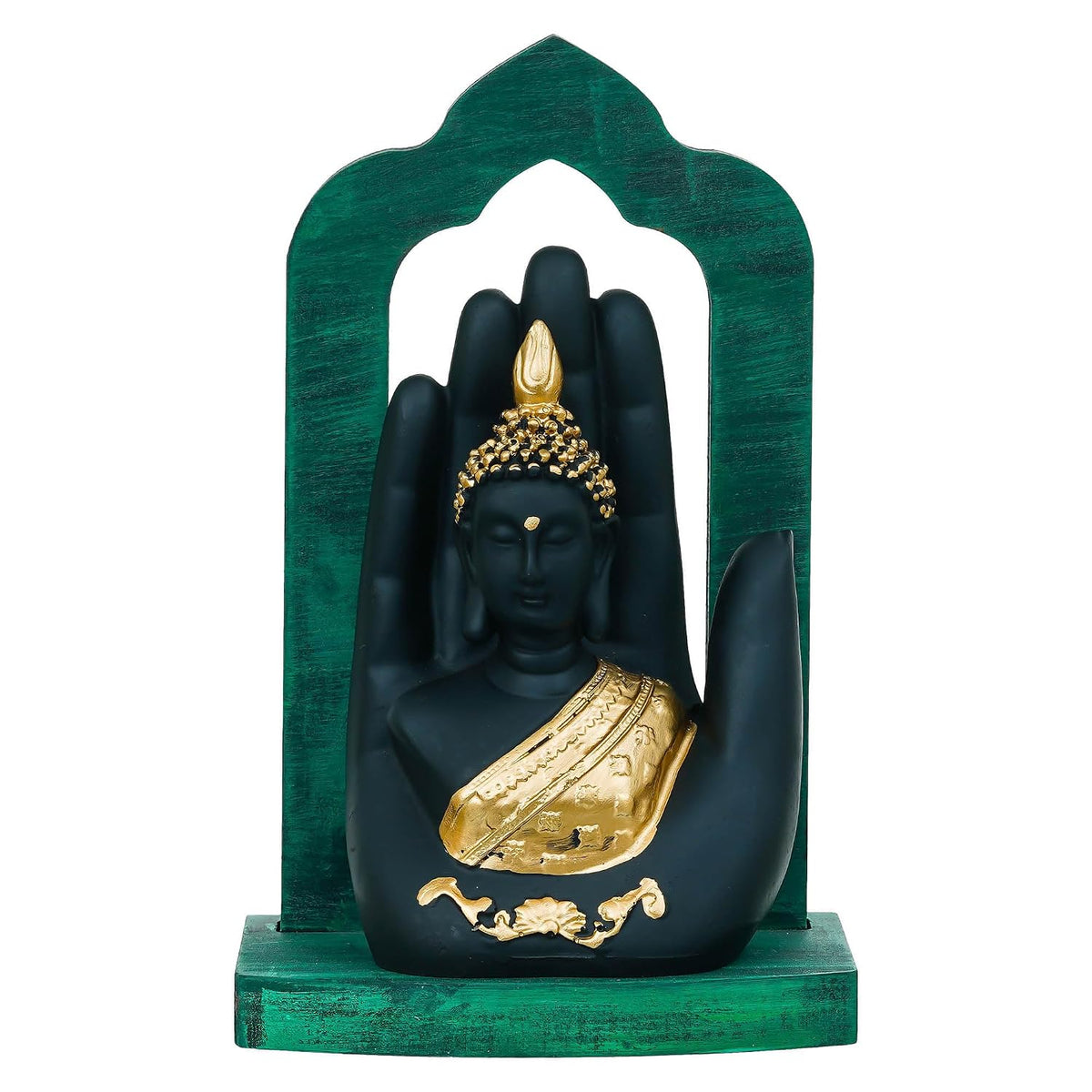 Palm Buddha Statue Showpiece for Home Decor Living Room Office Desk (Green Black Golden)| Lord Buddha Idol Gift for Diwali Buddha Purnima Housewarming Birthday