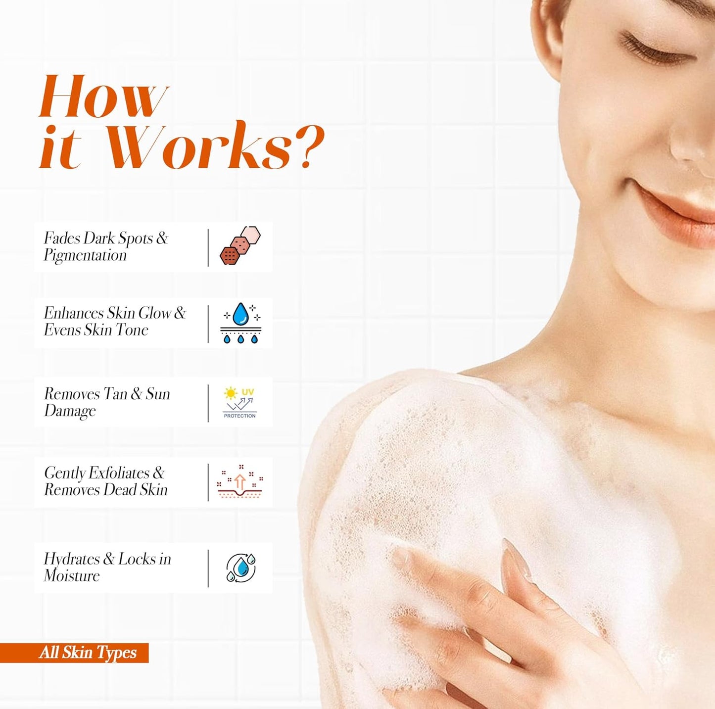 Product advertisement showing a person applying a skincare product with text explaining its benefits.