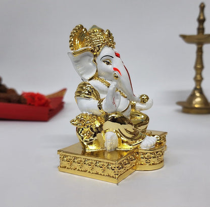 Gold Art India Gold Plated White Gaddi Ganesh Idol for Home Decor Ganesha Murti Ganpati Idol for Office Desk Puja Lord Ganesh Statue for Gifting Ganpati Idol for Mandir Pooja Room Figurine