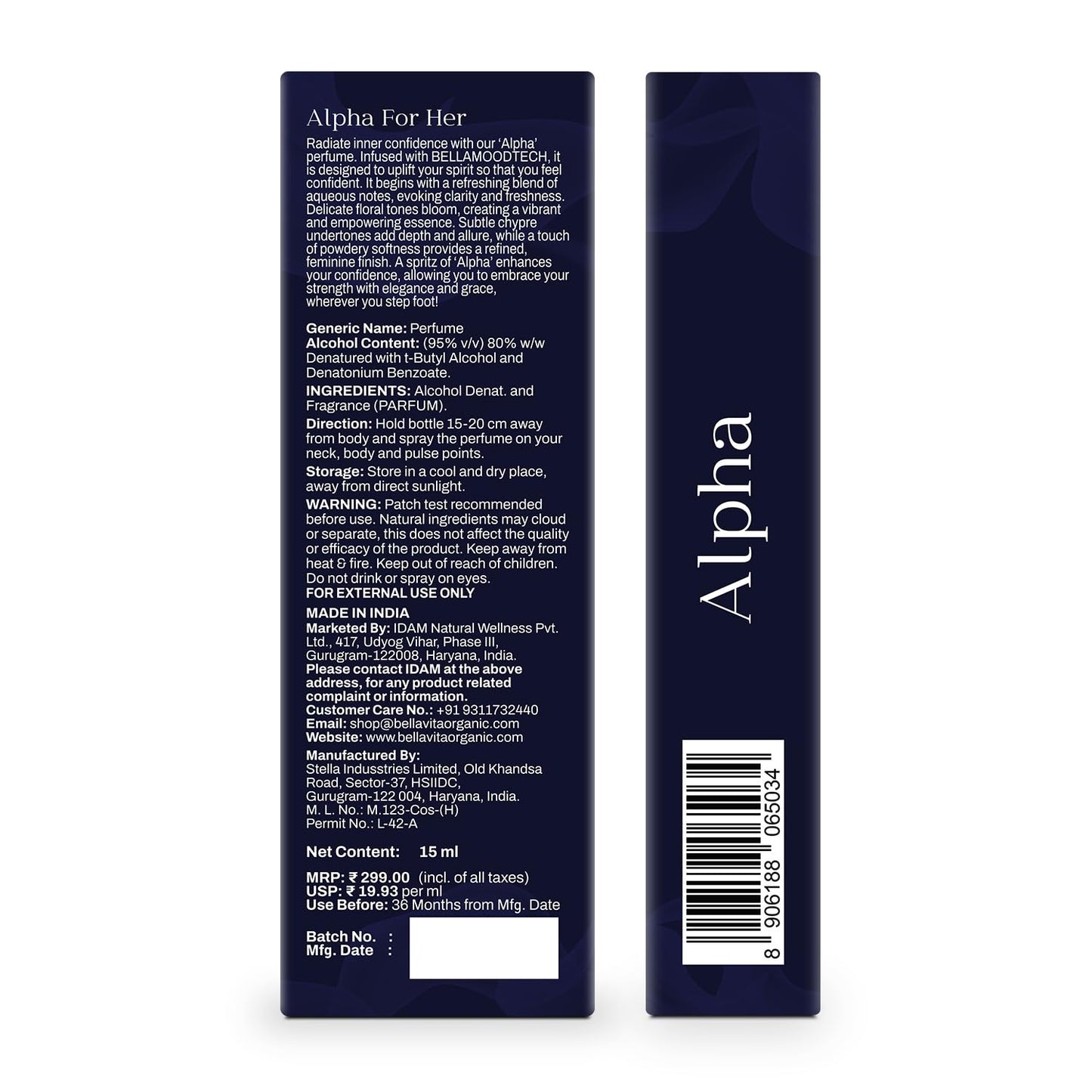 Perfume packaging with text and branding on a white background