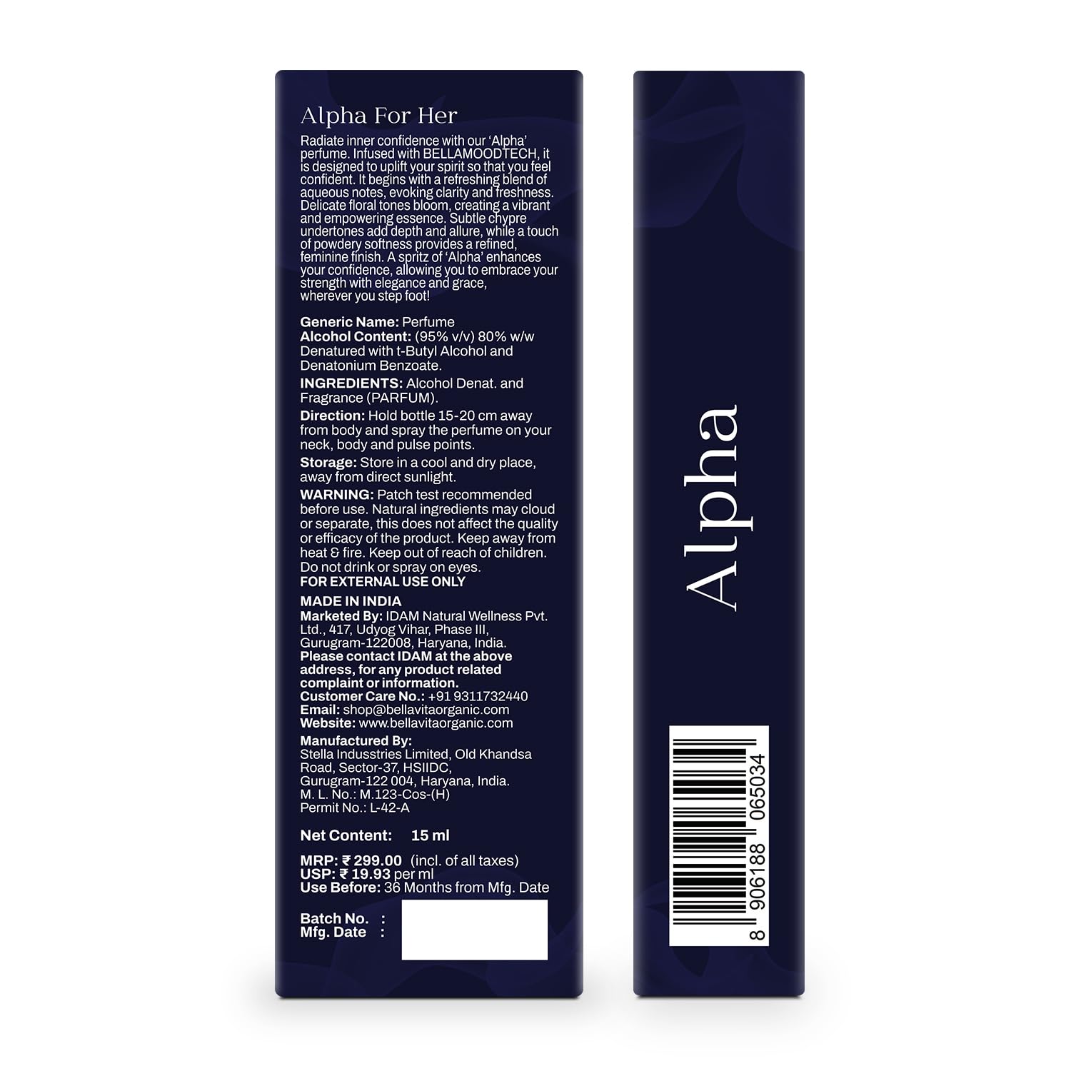 Perfume packaging with text and branding on a white background