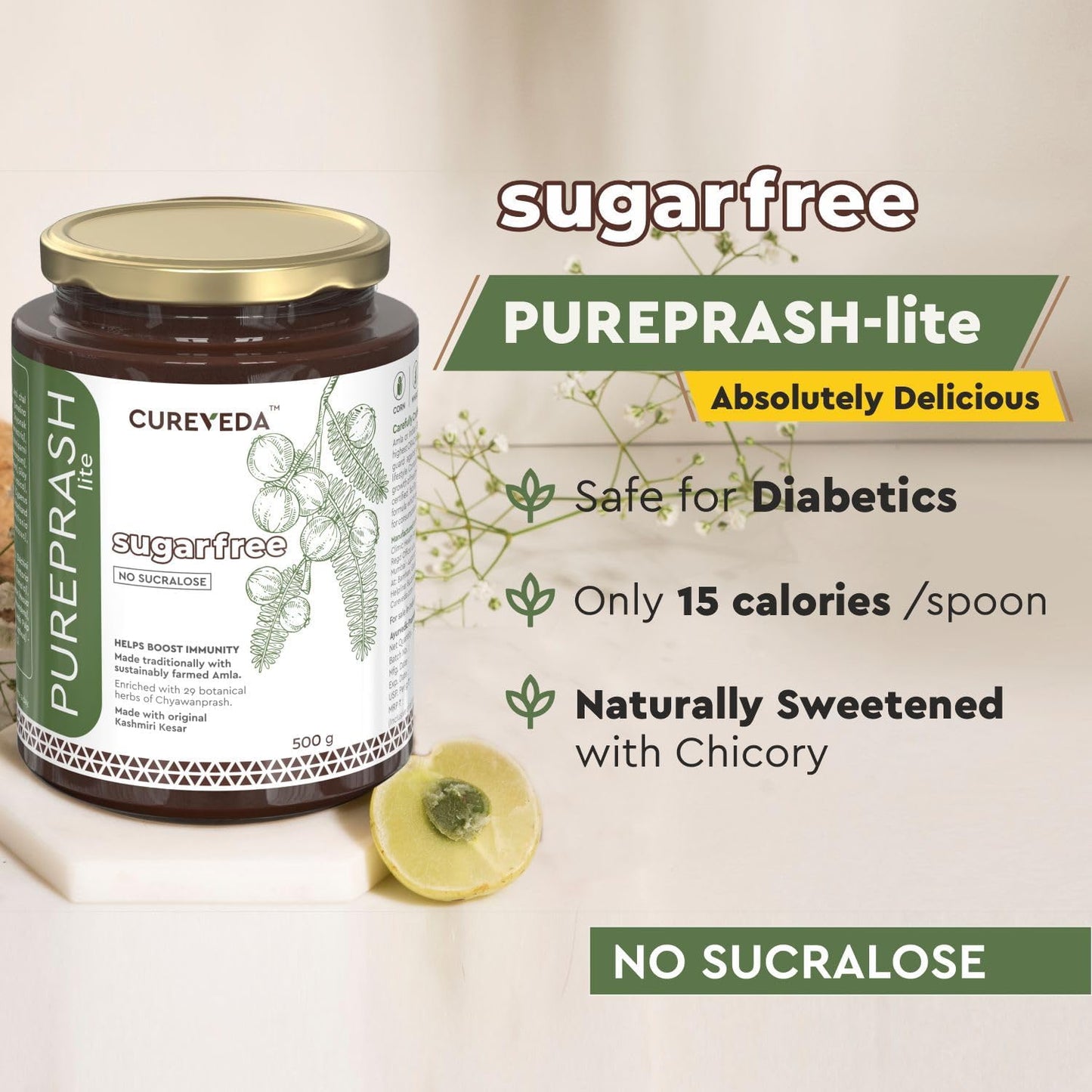 PUREPRASH sugarfree product with branding and health benefits on a light background