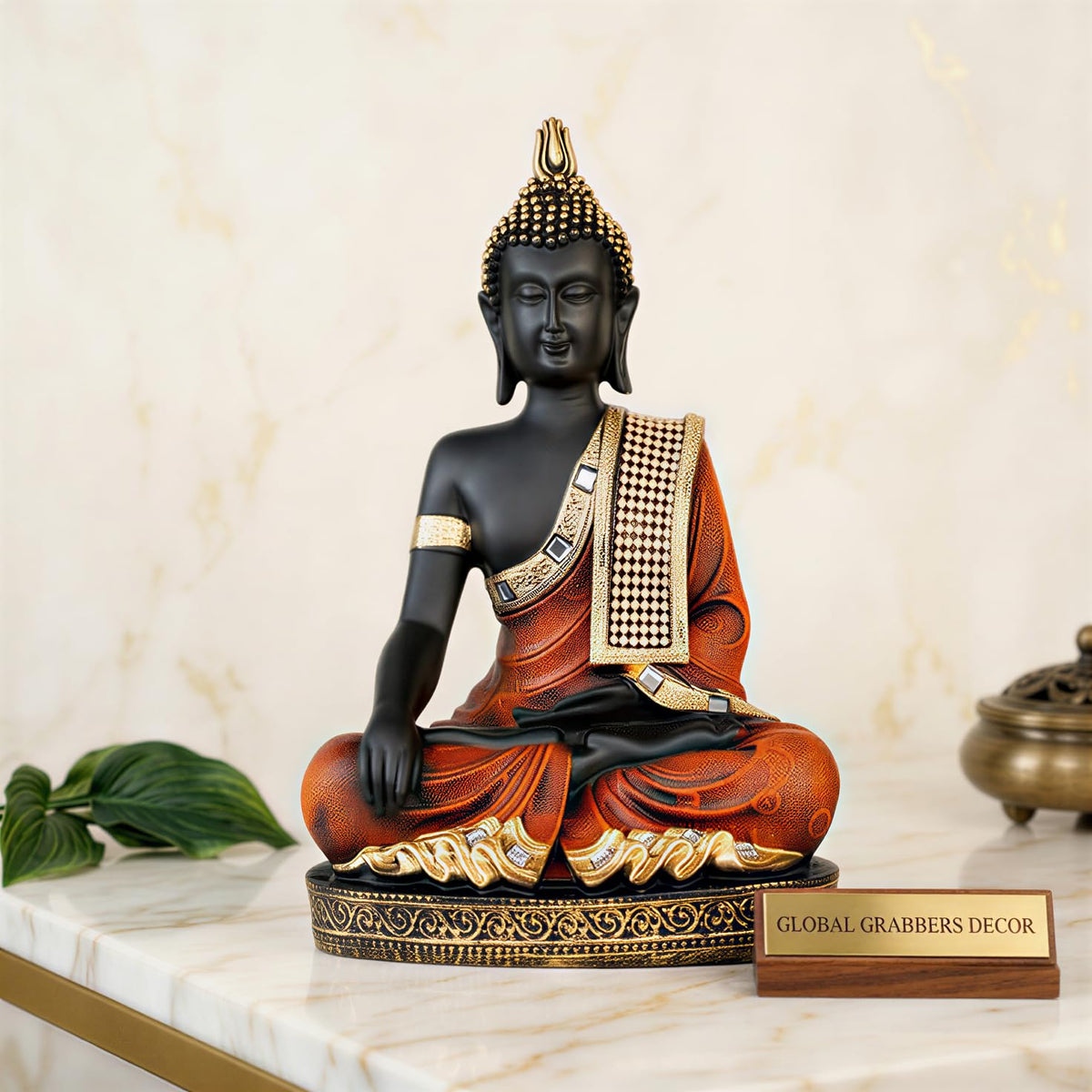 Buddha Idol Statue | Home Decoration Items for Living Room (Orange Black)