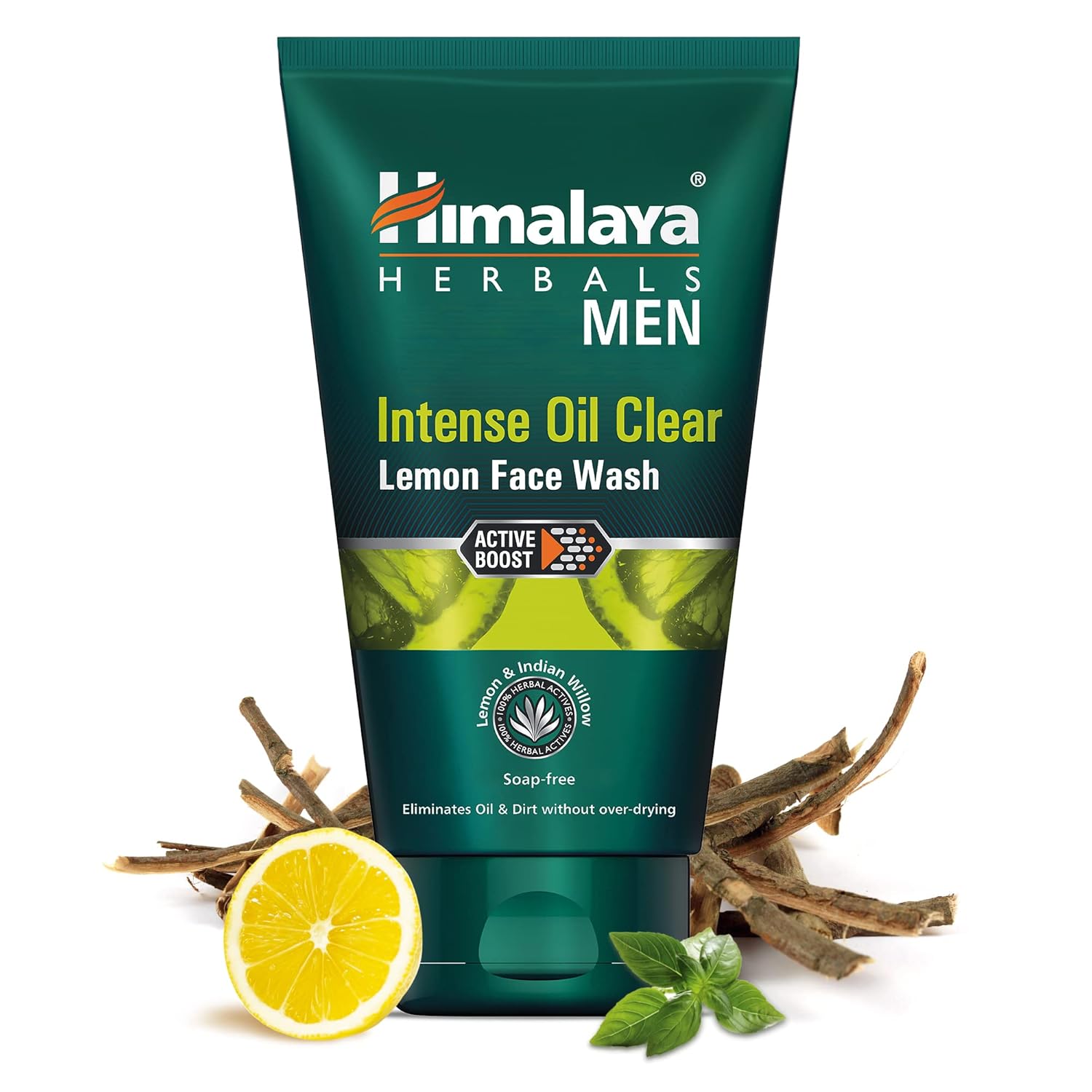 Himalaya Herbals Men Intense Oil Clear Lemon Face Wash tube with lemon and herbs on a white background