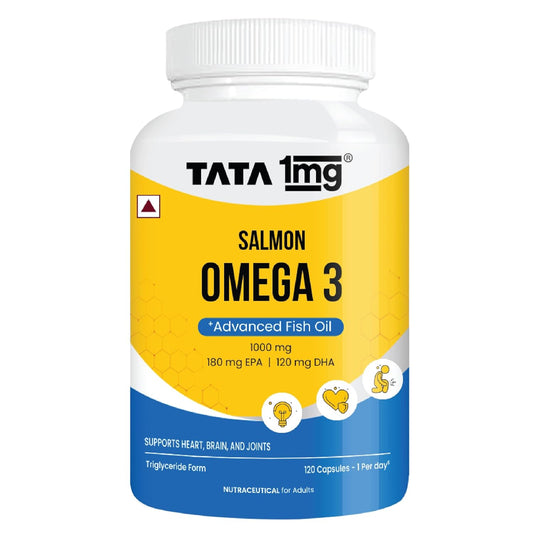 Tata 1mg Salmon Omega 3 supplement bottle on a white background