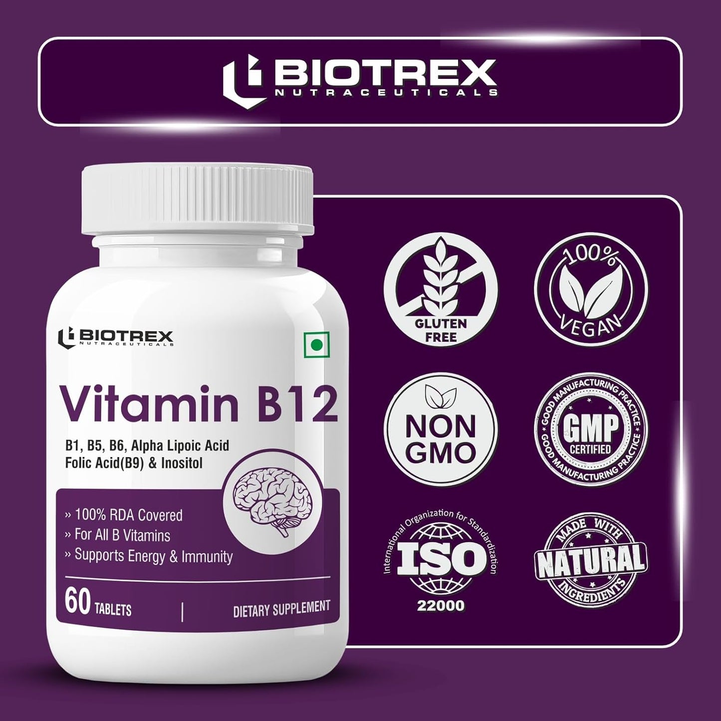 Biotrex Nutraceuticals Vitamin B12 With B1, B5, B6, B9(Folic Acid), Alpha Lipoic Acid ALA & Inositol Supplements | Energy Management | Antioxidant | 60 Tablets
