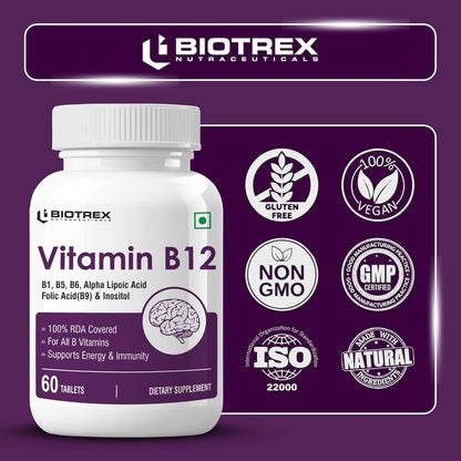 Biotrex Nutraceuticals Vitamin B12 With B1, B5, B6, B9(Folic Acid), Alpha Lipoic Acid ALA & Inositol Supplements | Energy Management | Antioxidant | 60 Tablets
