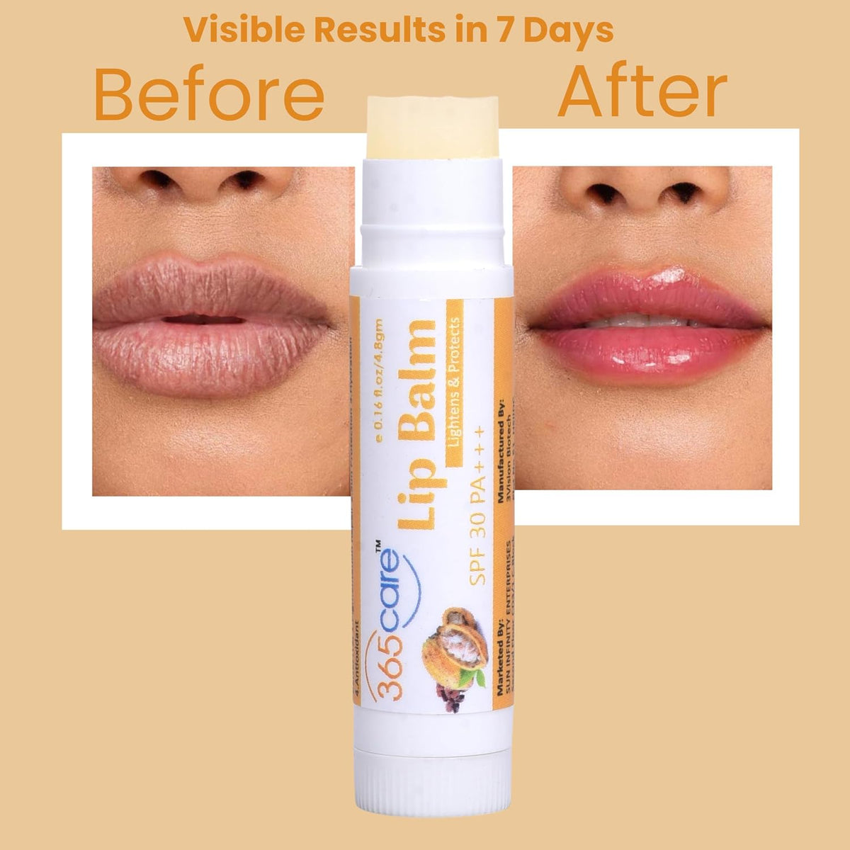 365CARE SPF 30 Lip Balm for Dark Lips Lightening & Pigmentation | Cocoa Butter Lip Balm for Smokers, Dry & Chapped Lips | 24hr Deep Moisturizing & Sun Protection PA+++ for Men & Women - 4.8g