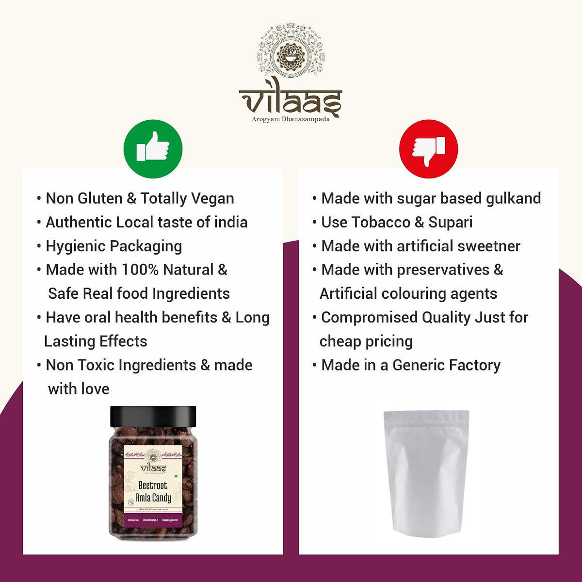 Vilaas Sugar Free Beetroot Amla Candy Indian Gooseberry Candy High Vitamin C Low Processed All Natural Ingredients After Meal Mouth Freshener Mukhwas No Artificial Preservatives