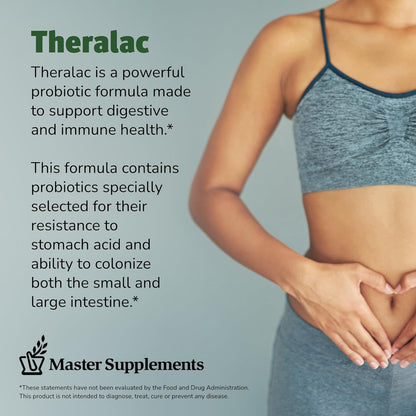 Advertisement for Theralac probiotic formula with a person in athletic wear on a light blue background.