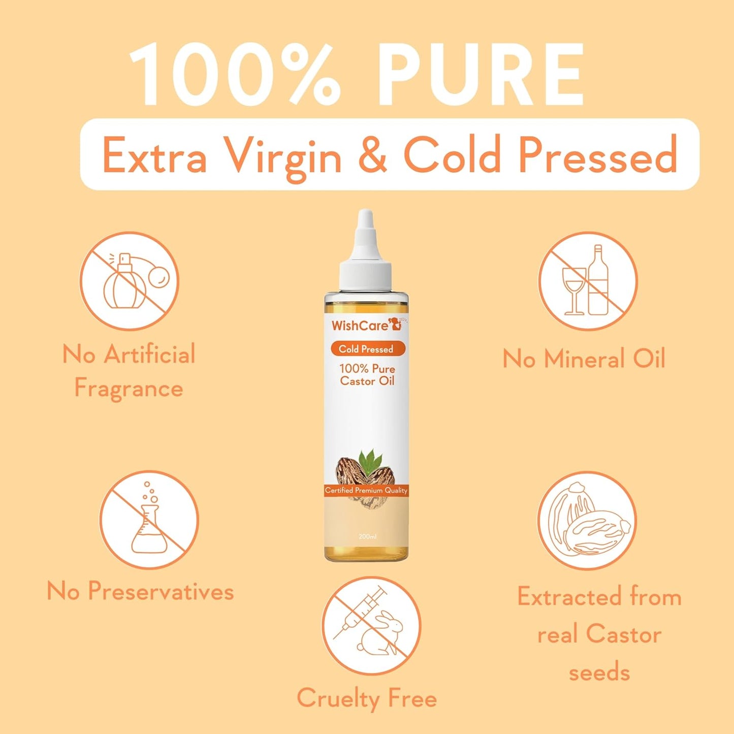 WishCare castor oil bottle with product features on a beige background