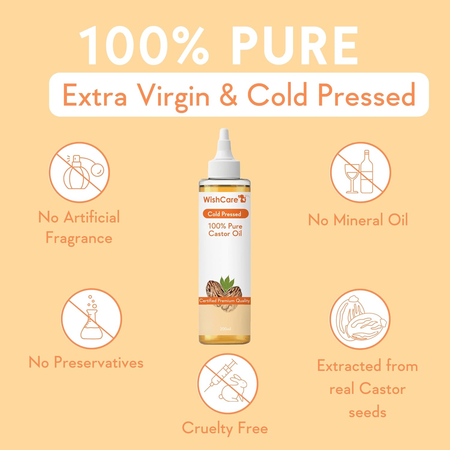 WishCare castor oil bottle with product features on a beige background