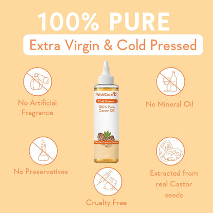 WishCare castor oil bottle with product features on a beige background