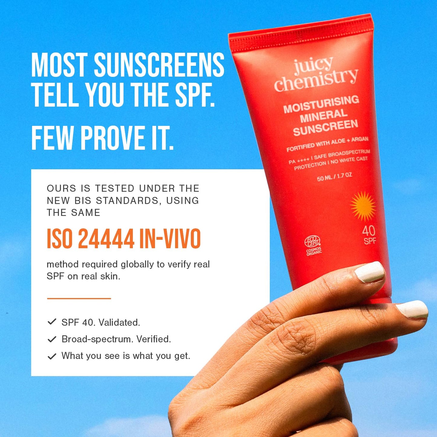Juicy Chemistry Moisturising Mineral Sunscreen SPF 40 PA+++ with Aloe Vera & Argan Oil, 50g | Lightweight, Non-Greasy, Broad Spectrum Protection | Kids & Pregnancy Safe | No White Cast