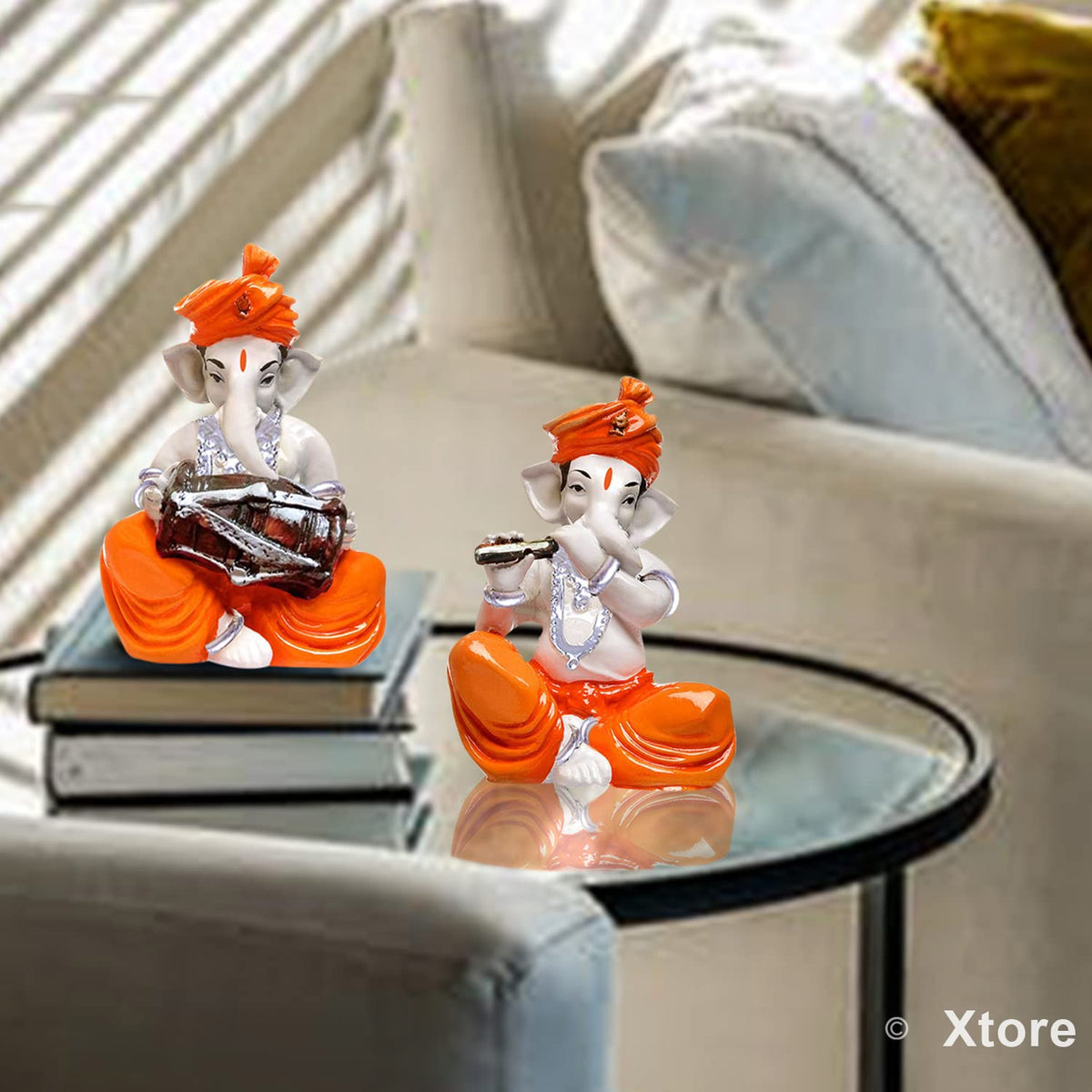 Xtore Musical Ganesha Pair for Home Decor Handicraft Resin| Brings Prosperity - (Orange and White, Pack of 2)(Resin)
