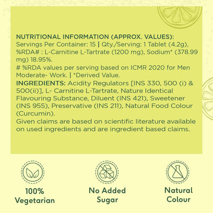 HealthKart HK VITALS L-Carnitine L-Tartrate 1200mg (Lemon Flavour, 30 Effervescent Tablets) | No Added Sugar