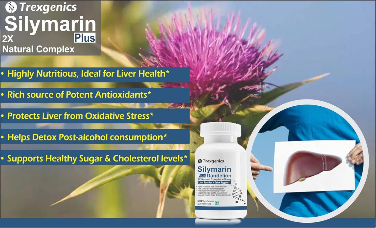 Trexegenics Silymarin Plus supplement bottle with purple flower and liver health benefits text