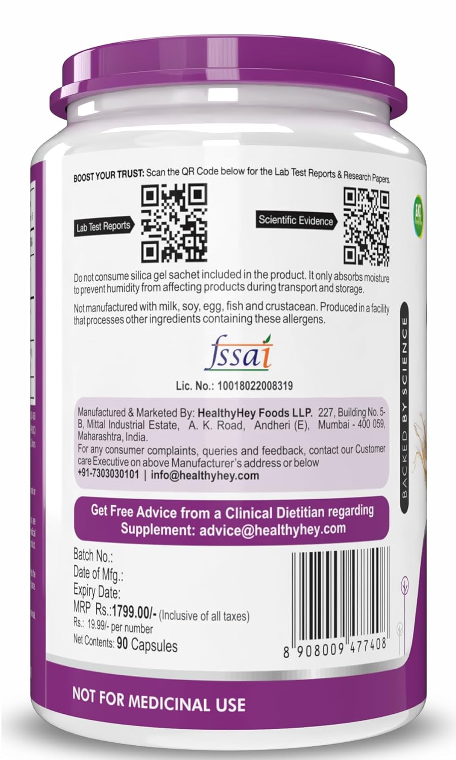 Supplement container with purple lid and label on a white background