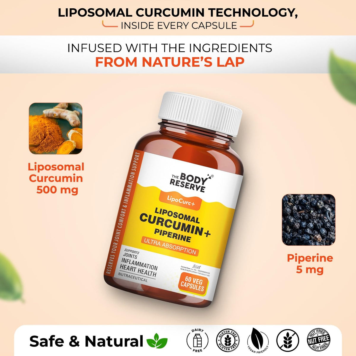 Body Reserve Liposomal Curcumin+ Piperine supplement bottle with nature-themed elements on a beige background