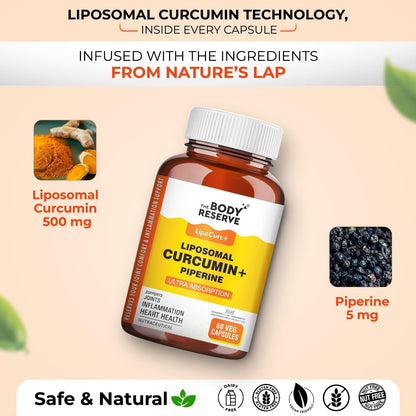 Body Reserve Liposomal Curcumin+ Piperine supplement bottle with nature-themed elements on a beige background