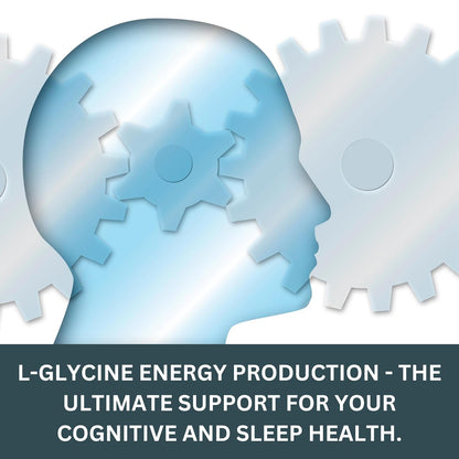 Silhouette of a head with gears and text about L-Glycine energy production.