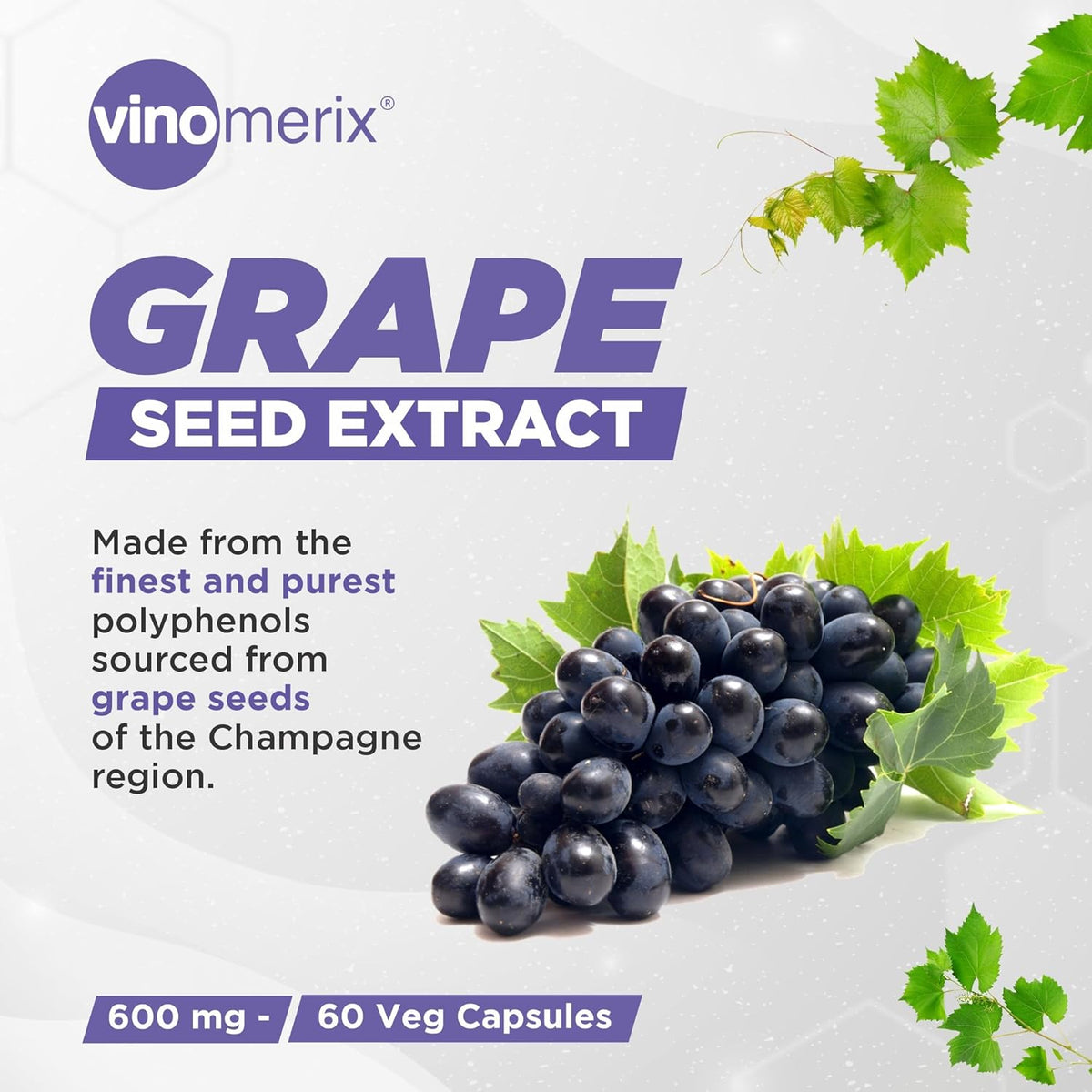 Antioxidant, Grape seed extract | Helps in reducing blood pressure, oxidative stress and improve blood circulation | No Paraben | 600 mg - 60 Veg Capsules