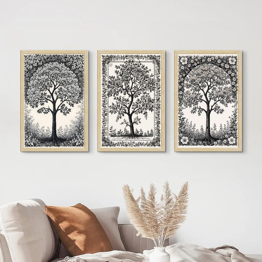 Monochrome Paintings with Frame for Home Decor Wall Art, Black and White Wall Painting for Living Room, Multicolor, Natural Wood Color Frames, 12.0x18.0 inch, Set of 3