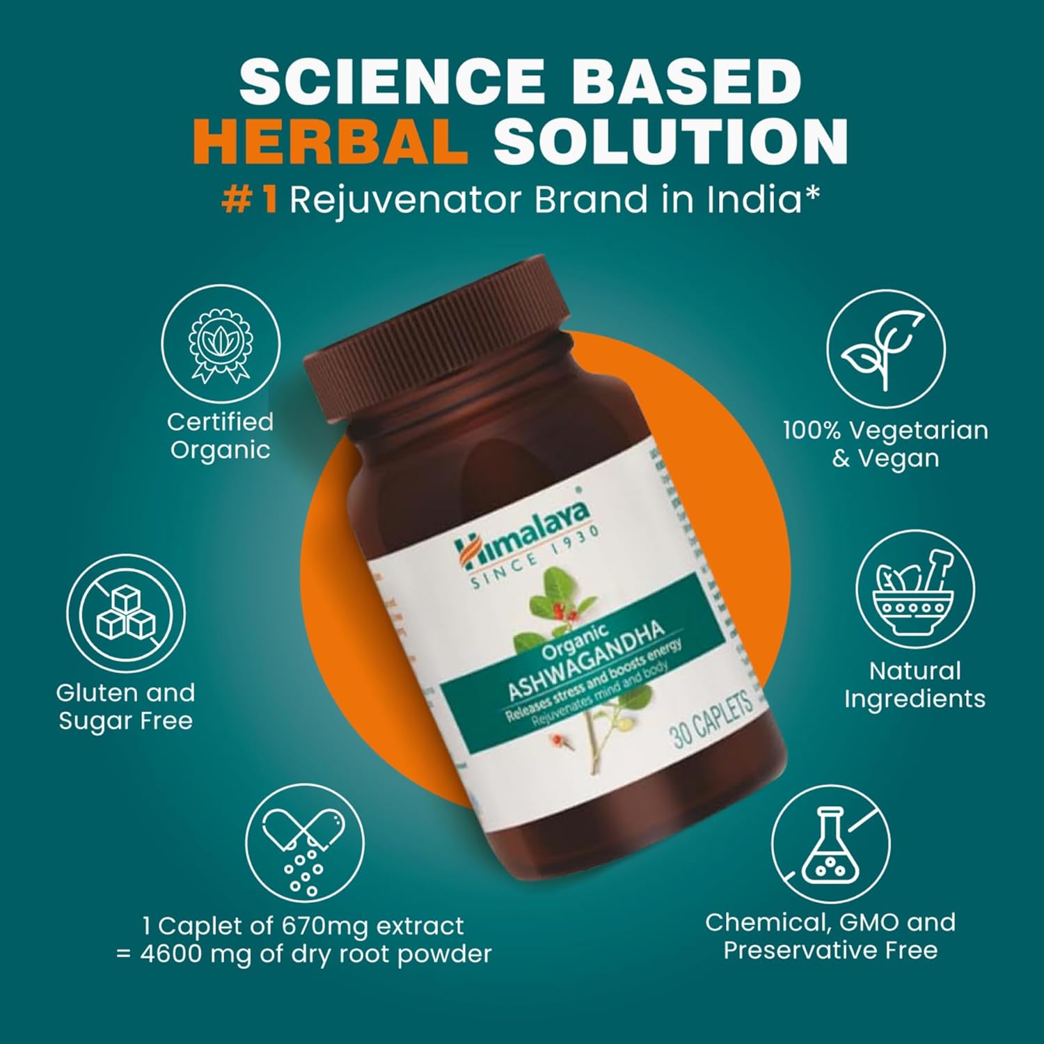 Himalaya Organic Ashwagandha supplement bottle with product features on a green background