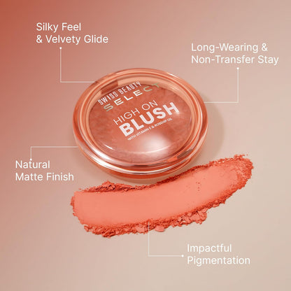 Swiss Beauty Select High on Blush with Natural Matte Finish | Long- Lasting & Non Transferrable stay | Enriched with Vitamin E & Rose oil | Shades- Soft Pink, 8gm |