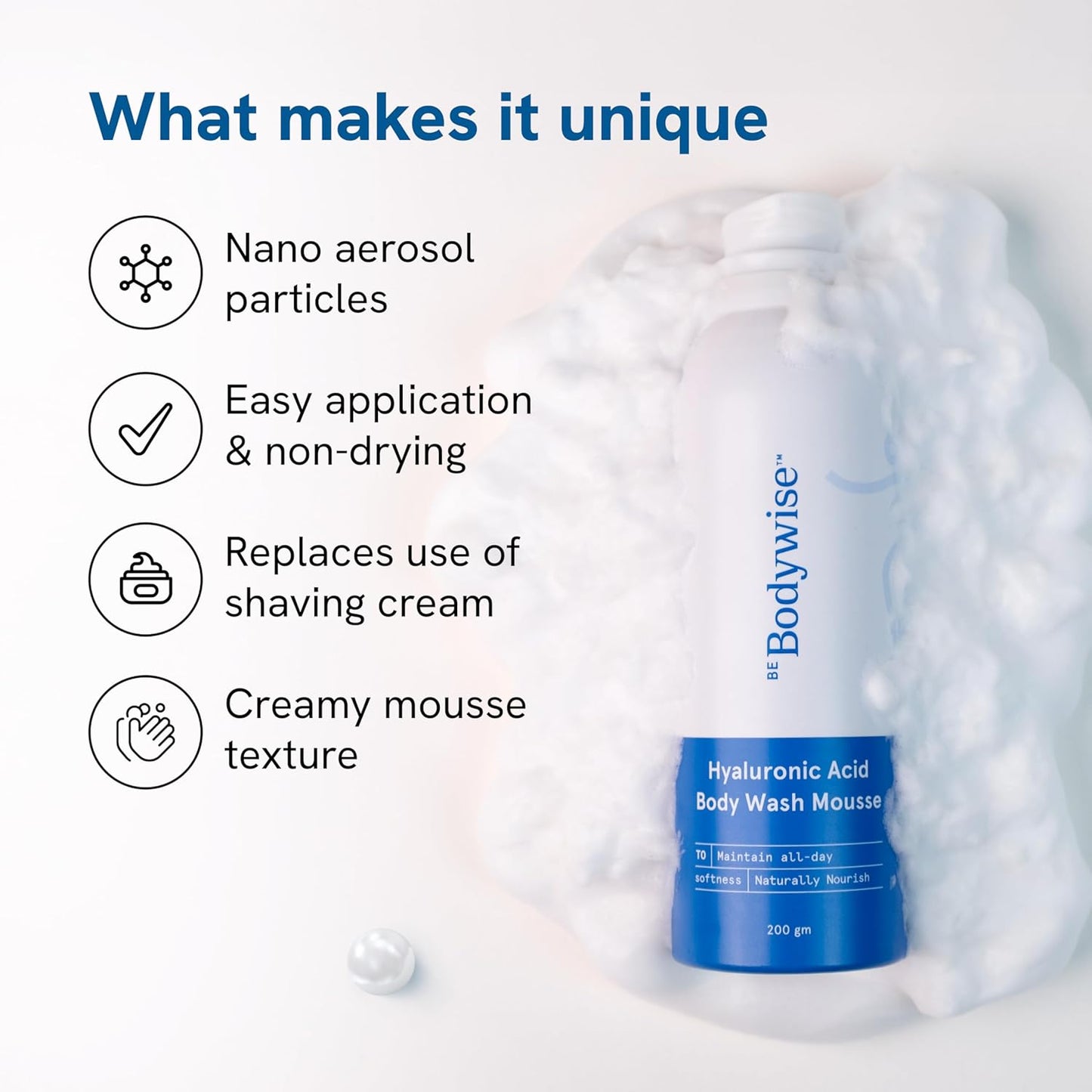 Be Bodywise Hyaluronic Acid Body Wash Mousse | Gives Intense Moisturisation, Repairs Skin Barrier | With Sunflower Oil, Vitamin E & Aloe Extract | 200g