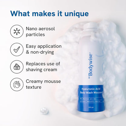 Be Bodywise Hyaluronic Acid Body Wash Mousse | Gives Intense Moisturisation, Repairs Skin Barrier | With Sunflower Oil, Vitamin E & Aloe Extract | 200g