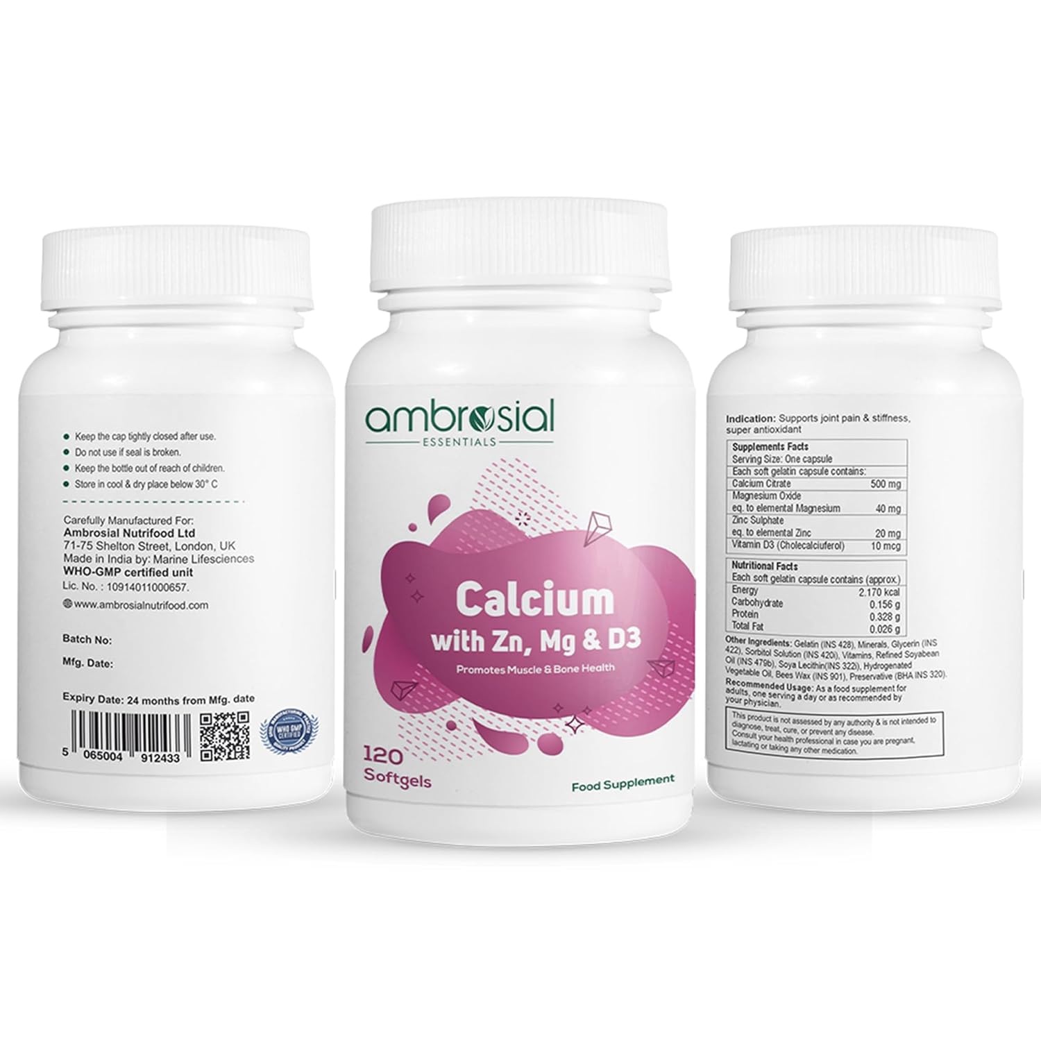 Three bottles of Ambrosial Calcium supplement on a white background