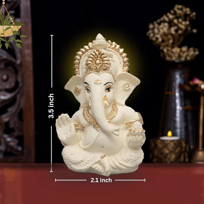 Lord Ganesha Idol for Car Dashboard, Home Decor & Pooja | Resin Gold Plated Ganpati Murti | 3.5 Inch Ganesh Statue for Gift, Diwali, Housewarming, Baby Shower, Mandir Decor, Off White, P -1