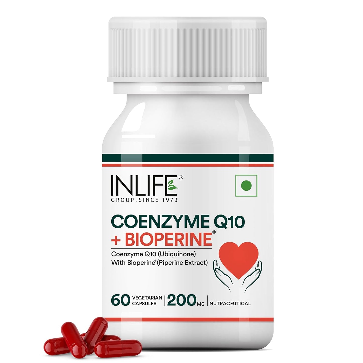 INLIFE Coenzyme Q10 (COQ10) -200mg with Bioperine 8mg Supplement|supports High Absorption|(Pack of 1) - 60 Vegetarian Capsules.