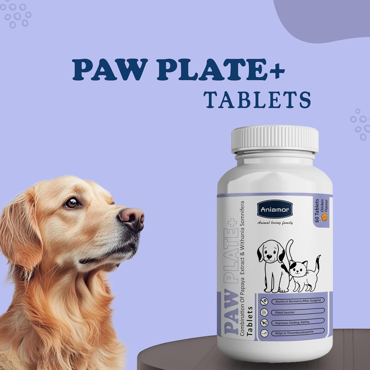 Aniamor Paw Plate + Tablet for Dogs and Cats|Platelet Enhancer Tablets|Pets Supplement|All Life Stage|60 Tablets Bottle