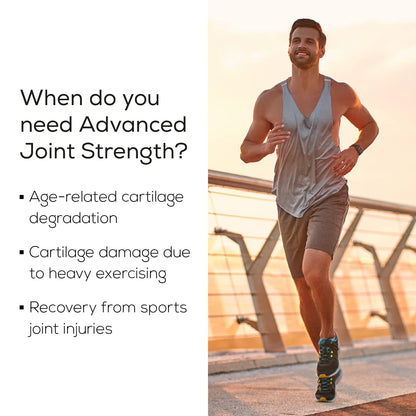 Man running on a bridge with text about advanced joint strength needs