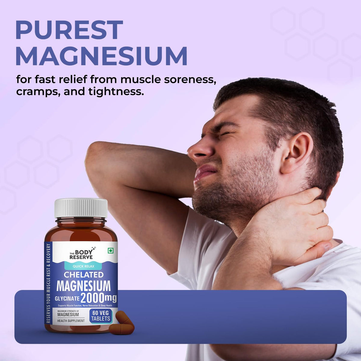Man with muscle pain holding his arm, with a bottle of magnesium supplement on a purple background.