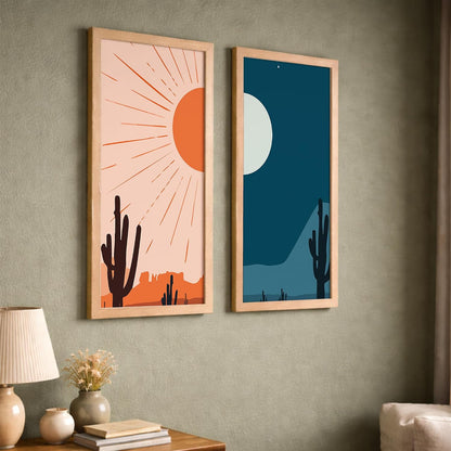 Minimalist Desert Wall Art Set of 2, Sun & Moon Cactus Landscape Prints with Wooden Frames, Boho Neutral Scandinavian Decor for Living Room, Bedroom & Office (10x19 Inch, Art-11)